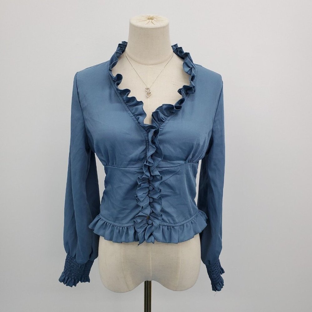 True Destiny Womens Button Front Ruffle Crop Top Size M Blue‎ Balloon Sleeve